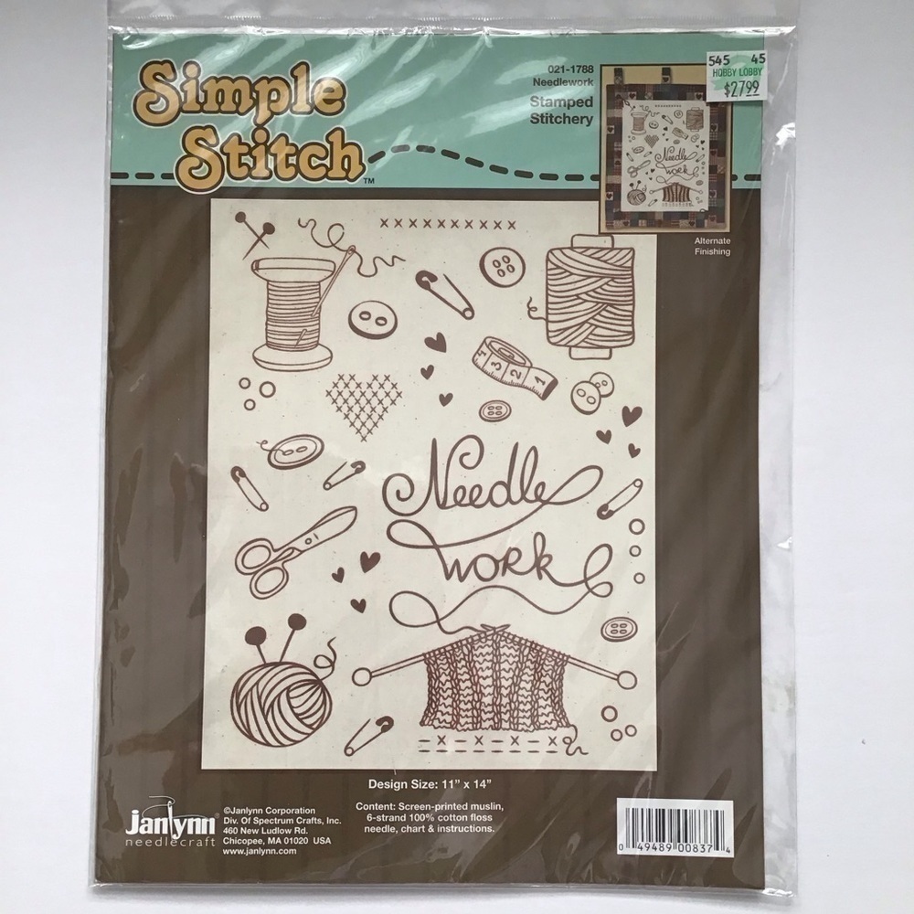 Sewing Theme Simple Stitch NEEDLEWORK Stamped Stitch Kit 11" x 14" Janlynn NEW